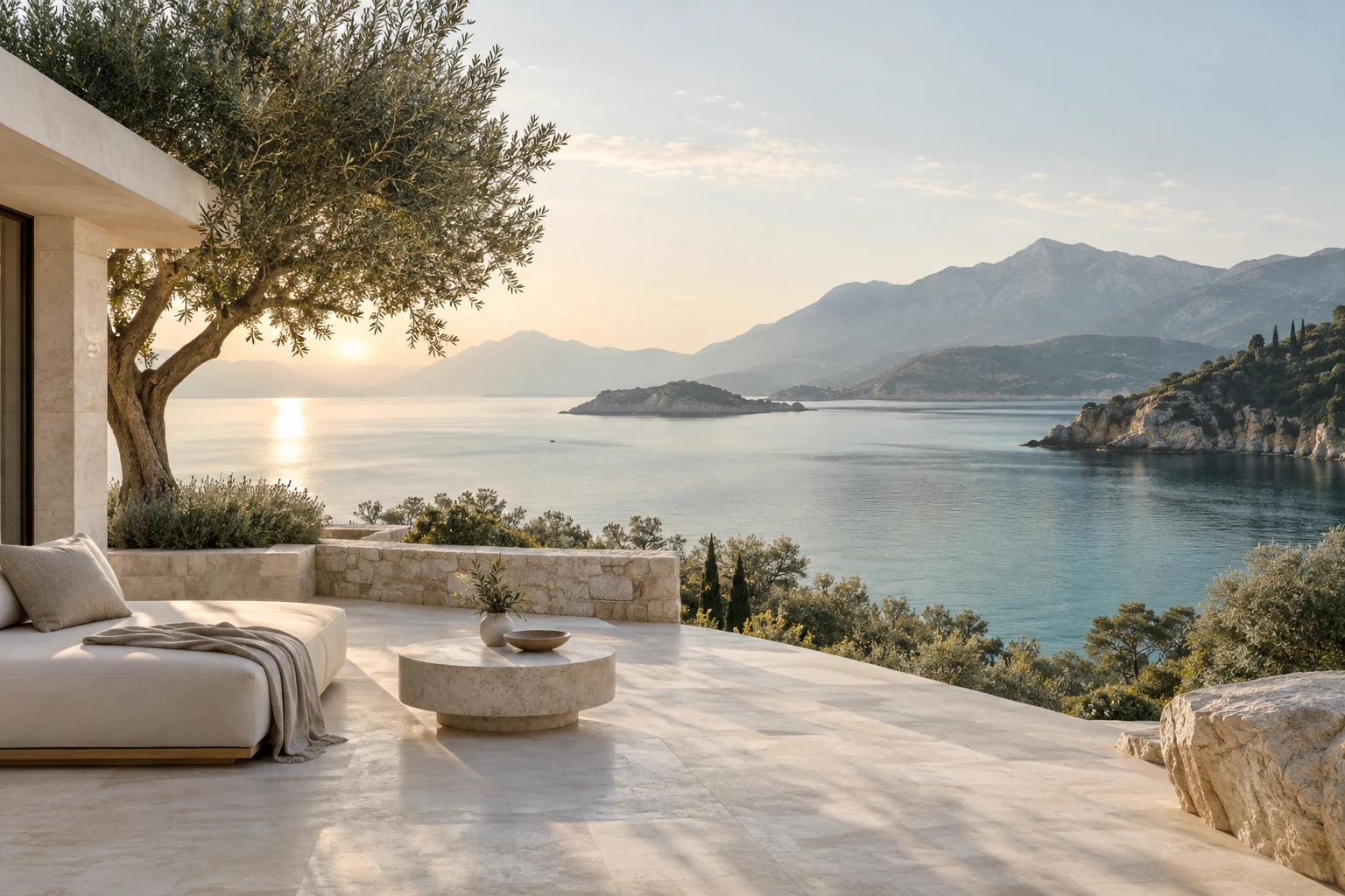 A quiet architectural terrace overlooking a coastal bay — concept imagery